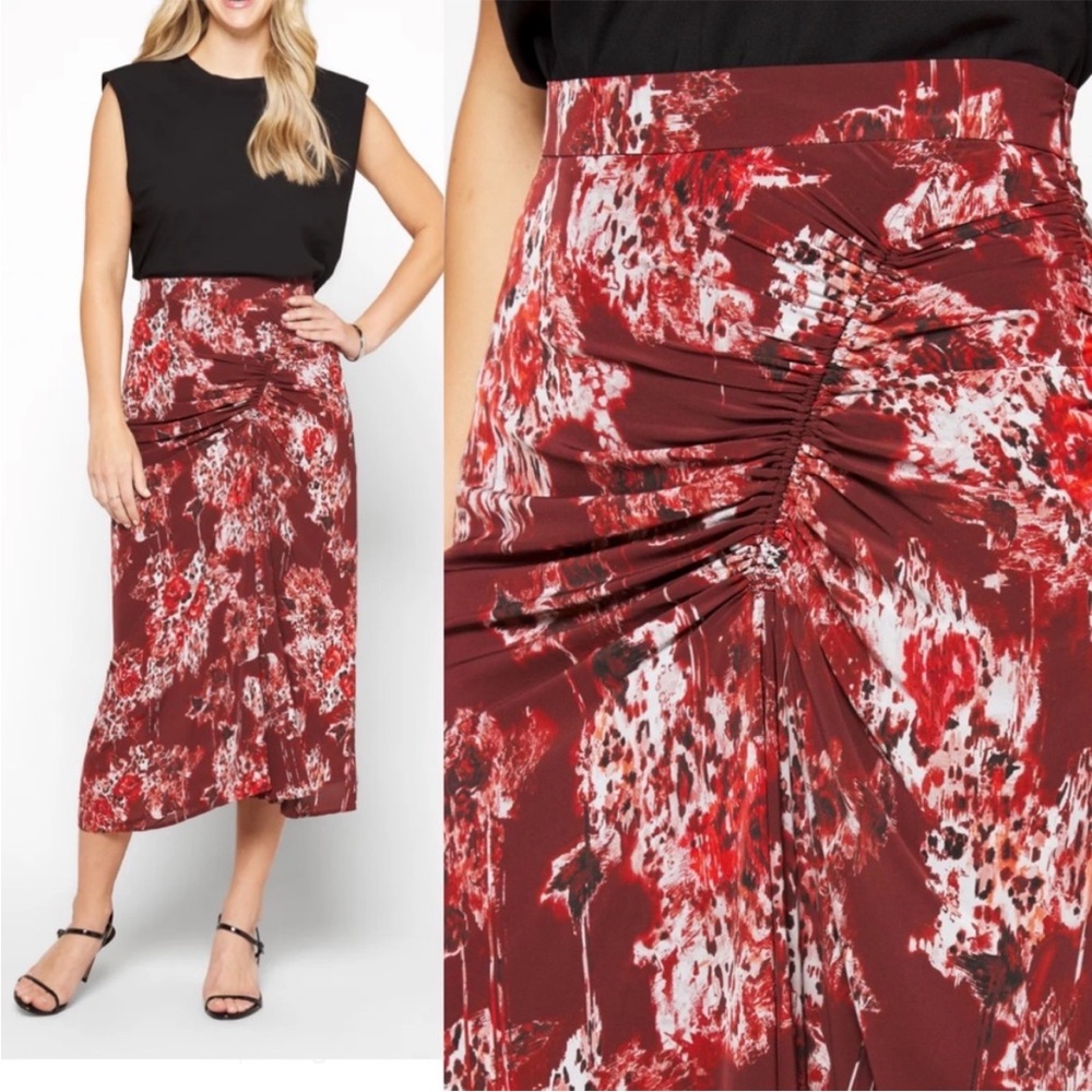 NWT IRO Alise Abstract Floral Printed Midi Skirt: Burgundy sizes sizes 8 and 10